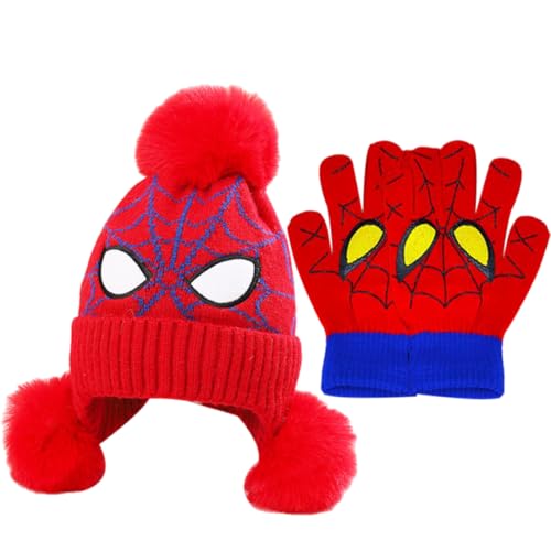Mütze und Schal, Winter-Set für Kinder und Jugendliche, Spinnennann Mütze und Handschuhe Spinnennann Handschuhe Set, für Jungen Blau Anime-Heldencharakter Hut und Handschuh set, Mehrfarbig von VQEOEOT