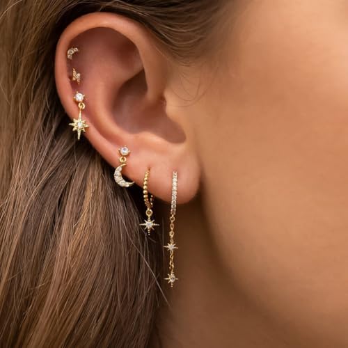 Piercing Ohr Gold Ohrringe Set für Mehrere Ohrlöcher Helix Piercings, Creolen Zirkonia Ohrring Schlafen Knorpel Ohrringe Set, Stapelbar Zirkonia Ohrstecker Creolen Ohrringe Set für Mehrere Piercings von VQEOEOT
