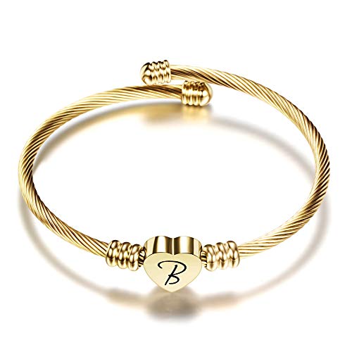 VQYSKO Damen Mädchen Herz Armband Armkette-Rostfreier Stahl Initiale Armband Mit Gravur Damen, Golden/Stahlfarbe/Roségold/Brief Frauen Armreif(Golden-B) von VQYSKO
