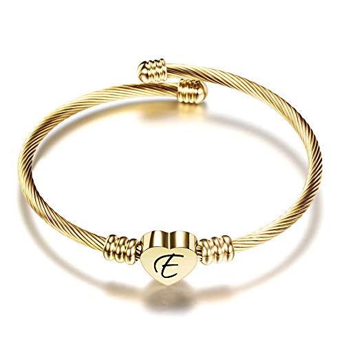 VQYSKO Damen Mädchen Herz Armband Armkette-Rostfreier Stahl Initiale Armband Mit Gravur Damen, Golden/Stahlfarbe/Roségold/Brief Frauen Armreif(Golden-E) von VQYSKO