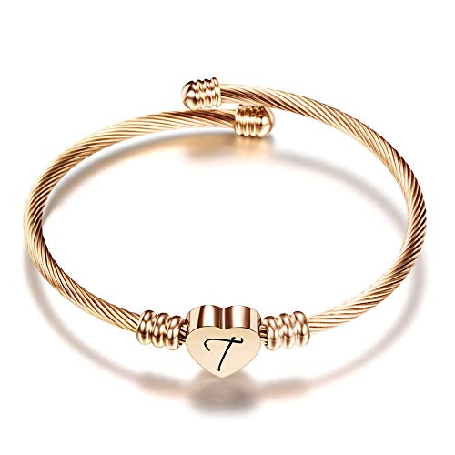 VQYSKO Damen Mädchen Herz Armband Armkette-Rostfreier Stahl Initiale Armband Mit Gravur Damen, Golden/Stahlfarbe/Roségold/Brief Frauen Armreif(Roségold-T) von VQYSKO