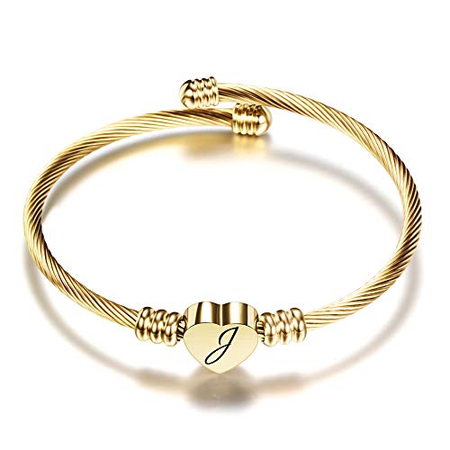 VQYSKODamen Mädchen Herz Armband Armkette-Rostfreier Stahl Initiale Armband Mit Gravur Damen, Golden/Stahlfarbe/Roségold/Brief Frauen Armreif(Golden-J) von VQYSKO