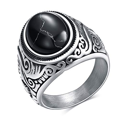VQYSKOMänner Retro Schwarzes Türkis Ring-Agate stone Klassiker Retro Charm Künstlicher Türkis Steine Edelstahlring Herrenring mit Gravur(Schwarzes Türkis, 66 (21.0)) von VQYSKO