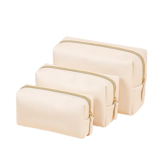 Make-up-Tasche für Damen, wasserdicht, PU-Leder, einfarbig, Make-up-Tasche, Reisen, tragbar, Kulturbeutel, Aufbewahrungstasche (Set, Beige) von VRILU