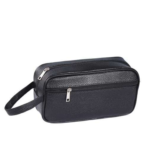 Mode Männer Make-Up Tasche PU Leder Schwarz Farbe Reise Toiletten Veranstalter Tasche Tragbare Frauen wasserdichte Make-Up Kulturbeutel (Color : Black-26x7.5x14cm) von VRILU