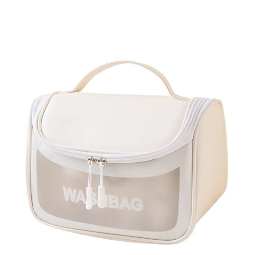 PU Frauen Reise Lagerung Tasche Kulturbeutel Organisieren PVC wasserdichte Kosmetik Tasche Tragbare Transparent Make-Up Tasche Weibliche Dusche Waschen Tasche (Color : White) von VRILU