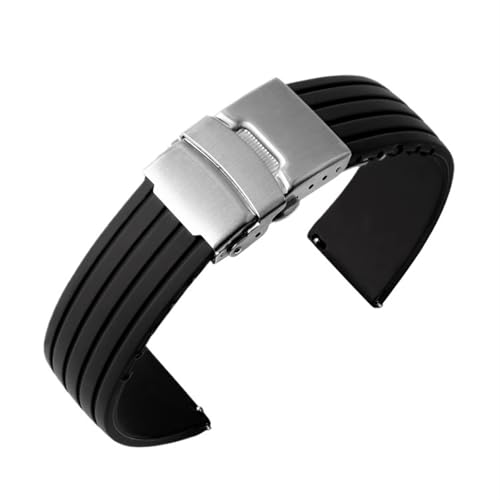 VRKRTVBLB Silikon-Uhrenarmband mit Schnellverschluss, 16 mm, 18 mm, 20 mm, 22 mm, 24 mm, Unisex-Uhrenarmband, Faltschließe(Black,20mm) von VRKRTVBLB