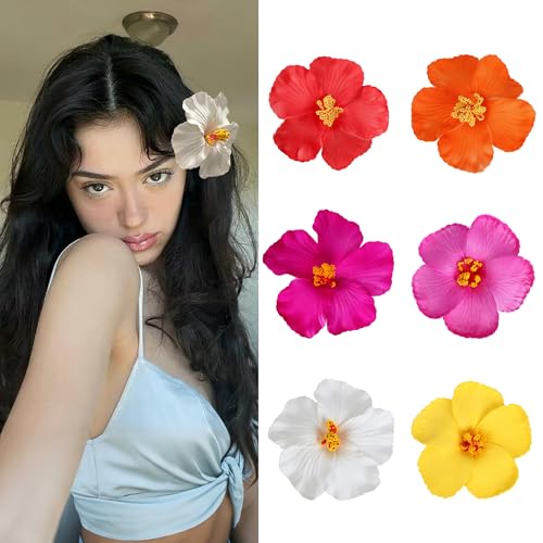 6 x hawaiianische Blumen-Haarspangen für Damen, Plumeria, Hibiskus, 8,9 cm, künstliche Blumen-Clips für Urlaub, Party, Strand-Zubehör von VRbeatter