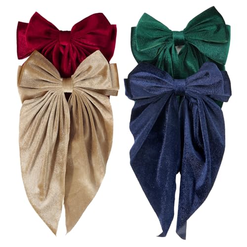Haarspangen mit Samtschleifen, große Schleife, Krokodilleder-Haarspangen mit langem Band, Haarschleifen, Clips für Damen und Mädchen, Haarschmuck (Rot, Grün, Braun, Marineblau, 4 Stück von VRbeatter