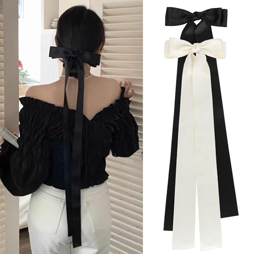 Seidige Satin-Haarschleifen, Haarspange mit langem seidigem Satinband, übergroß, Haarschmuck für Mädchen und Frauen (Schwarz, Weiß) von VRbeatter