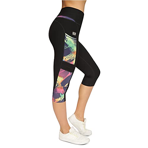 VS Capri Sport Leggings mit Handytasche - 3 Seitentaschen 3/4 Leggins für Handy, Schlüssel, Kreditkarte und Co. Fitness Sport Tights Schwarz Muster Yoga Hose Sporthose Jogging High Waist.Brazil -XL von VS VARIOSPORTS