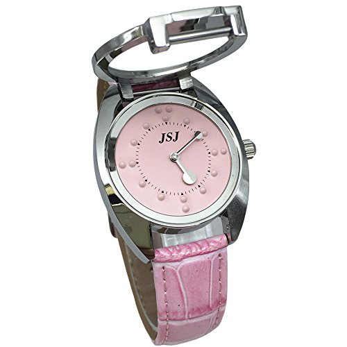 VSONE Taktile Uhr aus Edelstahl für Blinde oder ältere Menschen (rosa Lederarmband, rosa Zifferblatt), Armband von VSONE