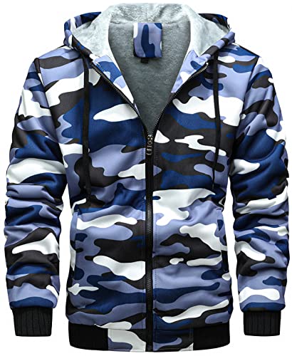 VSUSN Herren Hoodie mit Reißverschluss, Kapuzenpullover mit Fleecefutter, Winter Warm Kapuzenjacke, Teddy Gefüttert Fleecejacke, Plus Dicke Sweatjacke mit Kapuze(Camouflage Blau,L) von VSUSN