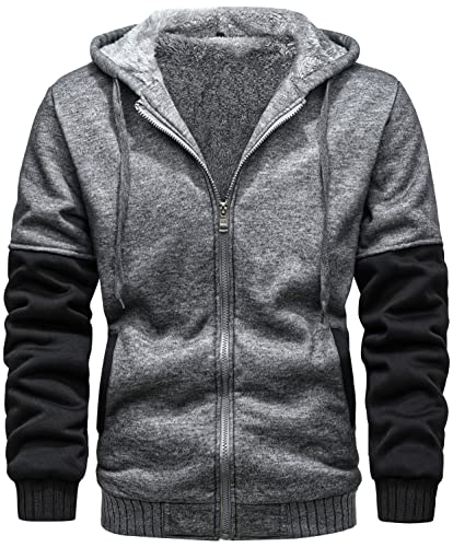 VSUSN Herren Hoodie mit Reißverschluss, Kapuzenpullover mit Fleecefutter, Winter Warm Kapuzenjacke, Teddy Gefüttert Fleecejacke, Plus Dicke Sweatjacke mit Kapuze(Dunkelgrau&schwarz,5XL) von VSUSN