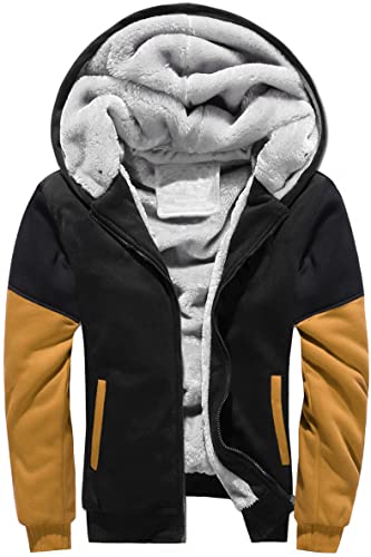 VSUSN Herren Hoodie mit Reißverschluss, Kapuzenpullover mit Fleecefutter, Winter Warm Kapuzenjacke, Teddy Gefüttert Fleecejacke, Plus Dicke Sweatjacke mit Kapuze(Schwarz&Khaki,4XL) von VSUSN