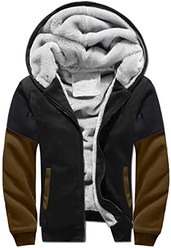 VSUSN Herren Hoodie mit Reißverschluss, Kapuzenpullover mit Fleecefutter, Winter Warm Kapuzenjacke, Teddy Gefüttert Fleecejacke, Plus Dicke Sweatjacke mit Kapuze(Schwarz&braun,M) von VSUSN