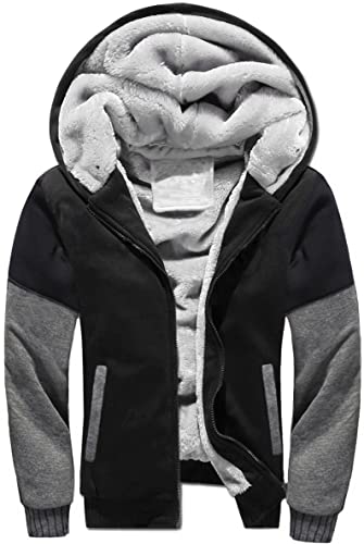VSUSN Herren Hoodie mit Reißverschluss, Kapuzenpullover mit Fleecefutter, Winter Warm Kapuzenjacke, Teddy Gefüttert Fleecejacke, Plus Dicke Sweatjacke mit Kapuze(Schwarz&dunkelgrau,M) von VSUSN