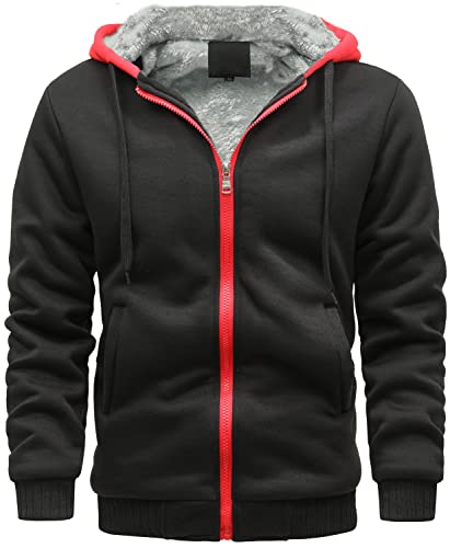 VSUSN Herren Hoodie mit Reißverschluss, Kapuzenpullover mit Fleecefutter, Winter Warm Kapuzenjacke, Teddy Gefüttert Fleecejacke, Plus Dicke Sweatjacke mit Kapuze(Schwarz&roter Zip,M) von VSUSN