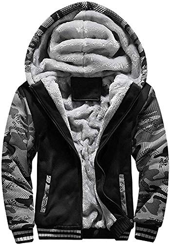 VSUSN Herren Kapuzenpullover mit Reißverschluss, Langarm Kapuzenjacke, Winter Warm Fleece-Innenseite Sweatshirt, Plus Dicke Fleecejacke, Sweatjacke Mit Kapuze(Camouflage&schwarz, 2XL) von VSUSN