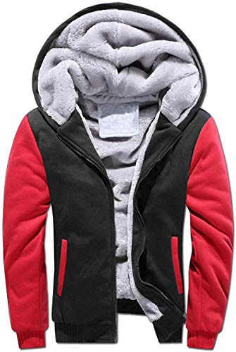 VSUSN Herren Kapuzenpullover mit Reißverschluss, Langarm Kapuzenjacke, Winter Warm Fleece-Innenseite Sweatshirt, Plus Dicke Fleecejacke, Sweatjacke Mit Kapuze(Schwarz&Rot, XL) von VSUSN