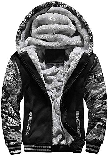 VSUSN Herren Kapuzenpullover mit Reißverschluss, Langarm Kapuzenjacke, Winter Warm Fleece-Innenseite Sweatshirt, Plus Dicke Fleecejacke, Sweatjacke Mit Kapuze(Camouflage&schwarz, 4XL) von VSUSN