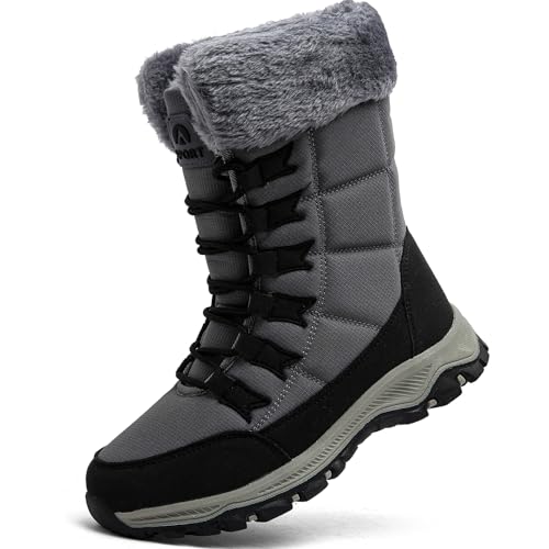 VTASQ Damen Winterstiefel Wasserdicht Warme Gefüttert Winterschuhe Outdoor Stiefel rutschfeste Flache Warme Wanderschuhe Rutschfest Schneestiefel Grau 38EU von VTASQ