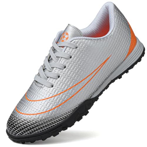 VTASQ Fußballschuhe Jungen Kunstrasen Fussballschuhe Kinder Professionelle Athletics Trainingsschuhe Indoor Outdoor Sportschueh Teens Football Schuhe Unisex Silber Orange EU 33 von VTASQ