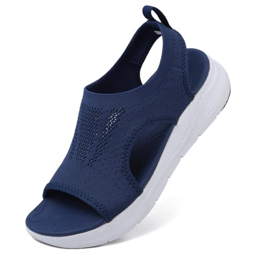 VTASQ Sandalen Damen Sommer Outdoor Orthopädische Sandalen Stricken Leichte Turnschuhe Sandalen Open Toe Wedges Strand im Freien Dicke Boden Sandalen Blau EU 39 von VTASQ
