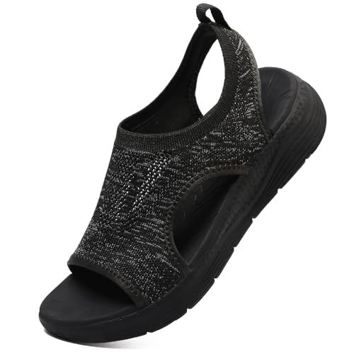 VTASQ Sandalen Damen Sommer Outdoor Orthopädische Sandalen Stricken Leichte Turnschuhe Sandalen Open Toe Wedges Strand im Freien Dicke Boden Sandalen Schwarz Grau EU 40 von VTASQ
