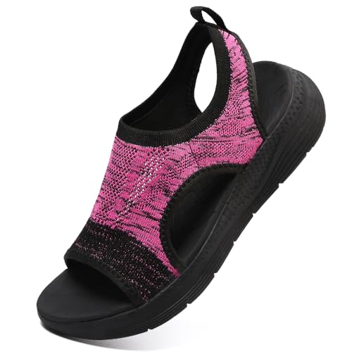 VTASQ Sandalen Damen Sommer Outdoor Orthopädische Sandalen Stricken Leichte Turnschuhe Sandalen Open Toe Wedges Strand im Freien Dicke Boden Sandalen Schwarz Rose Rot EU 42 von VTASQ