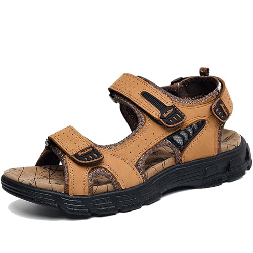 VTASQ Sandalen Herren Leder Strand Trekkingsandalen Outdoor Sommer Freizeitschuhe Wanderschuhe Männer Sport-Outdoor Wasser Fischer Atmungsaktive Flach Sandale Gelb-3 44EU von VTASQ