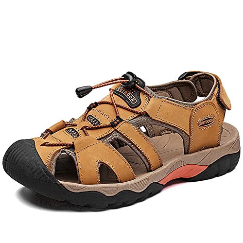 VTASQ Sandalen Herren Leder Strand Trekkingsandalen Outdoor Sommer Freizeitschuhe Wanderschuhe Männer Sport-Outdoor Wasser Fischer Atmungsaktive Flach Sandale Yellow-42 von VTASQ