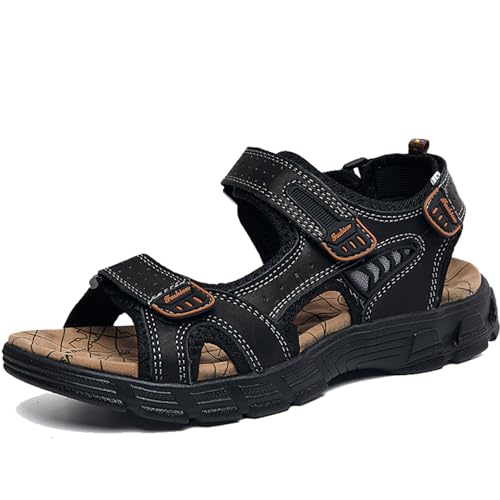 VTASQ Sandalen Herren Leder Strand Trekkingsandalen Outdoor Sommer Freizeitschuhe Wanderschuhe Männer Sport-Outdoor Wasser Fischer Atmungsaktive Flach Sandale schwarz-3 41EU von VTASQ