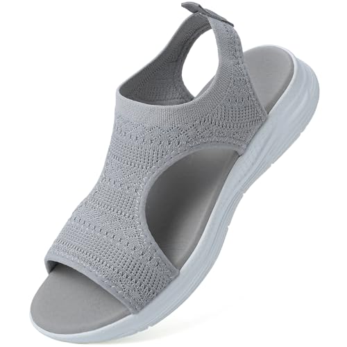 VTASQ Sommer waschbare Slingback orthopädische Rutsche Sport Sandalen Damen Bequeme orthopädische Sandalen für atmungsaktive Sport Strick Sandalen, Mesh Weiche Sohle Casual Damenschuhe Grau 36EU von VTASQ