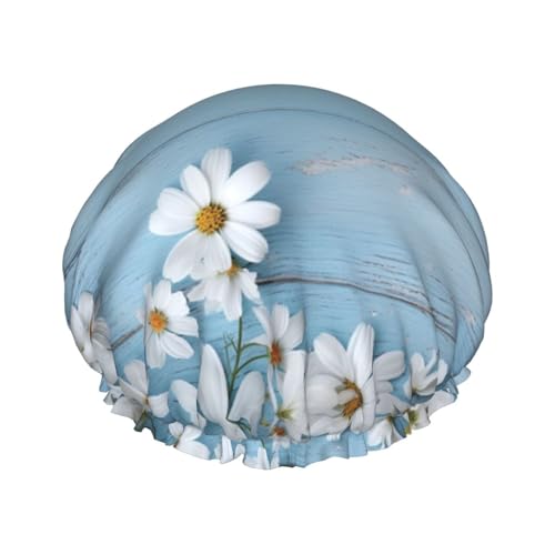 Duschhauben mit Blumenmuster, elastisch, wiederverwendbar, wasserdicht, doppellagig, für Damen und Herren, Hellblau von VTCTOASY