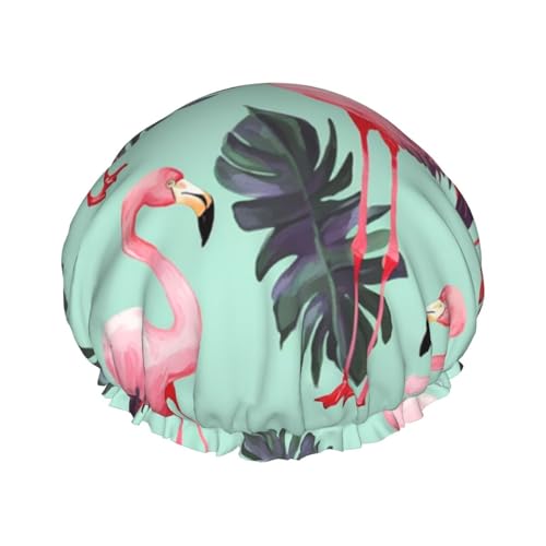 Duschhauben mit tropischem Flamingo-Druck, elastisch, wiederverwendbar, wasserdicht, doppellagig, Haarkappe für Damen und Herren von VTCTOASY