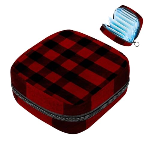 Kleine Reise Make up Tasche,Kosmetiktaschen für Damen,Schwarzes rotes Streifen Plaid,Periodentasche von VTGHDEEQ