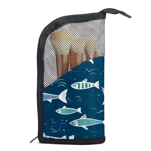 Make up Tasche klein,Make up Reisetasche,Blauer Karikatur Weinlese Ozean Fisch,Make up Organizer Tasche von VTGHDEEQ