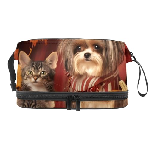 Make up Taschen Organizer,Kosmetiktaschen für Frauen,Herbst Haustiere Katze und Hund,kleine Make up Tasche von VTGHDEEQ