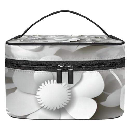 Make up Taschen für Damen,Kulturbeutel für Herren,3D Blumenweiß,Reise Kosmetiktasche von VTGHDEEQ