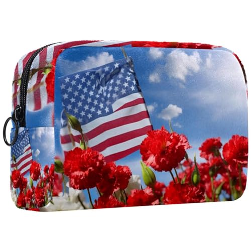 Make up Taschen für Damen,Kulturbeutel für Herren,Amerikanische Flagge und Blumen,Reise Kosmetiktasche von VTGHDEEQ