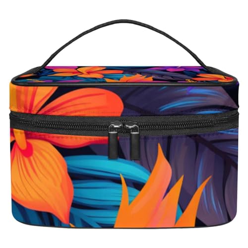 Make up Taschen für Damen,Kulturbeutel für Herren,Blaue Blätter Tropische Blumen,Reise Kosmetiktasche von VTGHDEEQ