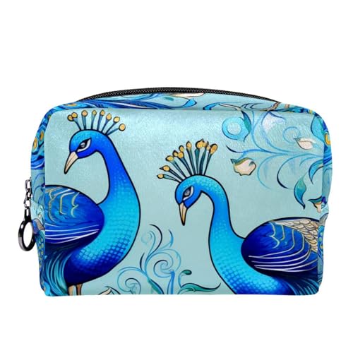 Make up Taschen für Damen,Kulturbeutel für Herren,Blaue Federpfauen,Reise Kosmetiktasche von VTGHDEEQ