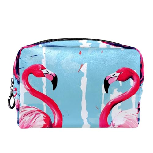 Make up Taschen für Damen,Kulturbeutel für Herren,Blauer Streifen rosa Flamingo,Reise Kosmetiktasche von VTGHDEEQ