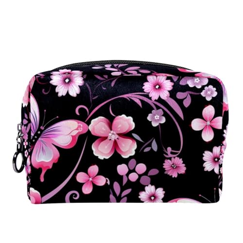 Make up Taschen für Damen,Kulturbeutel für Herren,Blumen rosa Blumen Schmetterlinge,Reise Kosmetiktasche von VTGHDEEQ