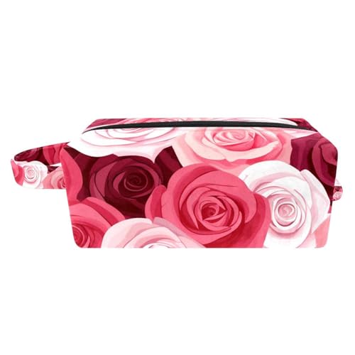 Make up Taschen für Damen,Kulturbeutel für Herren,Florale rote rosa Rosen,Reise Kosmetiktasche von VTGHDEEQ