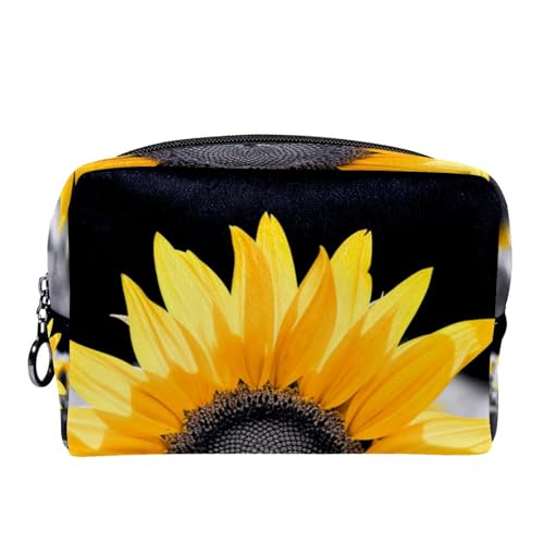 Make up Taschen für Damen,Kulturbeutel für Herren,Schwarz und Weiß und Sonnenblumen,Reise Kosmetiktasche von VTGHDEEQ