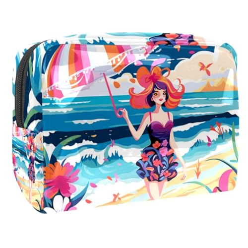 Make up Taschen für Damen,Kulturbeutel für Herren,Strand Sommer mädchen Meer,Reise Kosmetiktasche von VTGHDEEQ