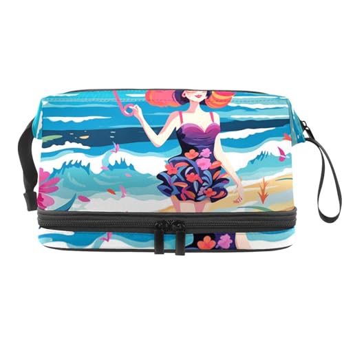 Make up Taschen für Damen,Kulturbeutel für Herren,Strand Sommer mädchen Meer,Reise Kosmetiktasche von VTGHDEEQ