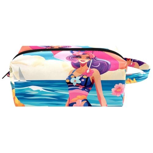 Make up Taschen für Damen,Kulturbeutel für Herren,Strand Sommer mädchen Meer,Reise Kosmetiktasche von VTGHDEEQ